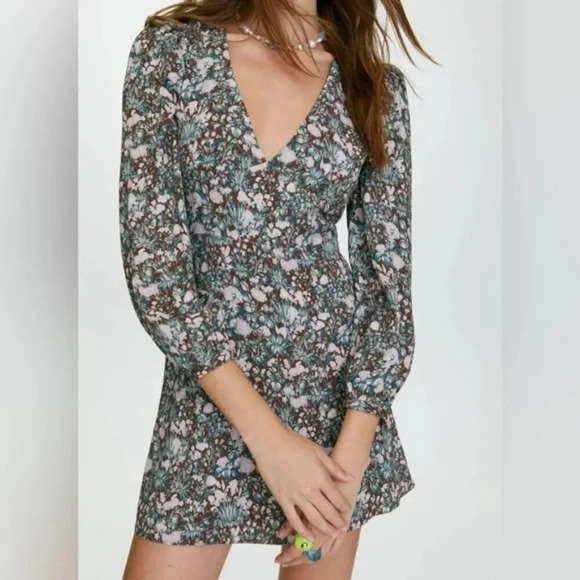 Aritzia Sunday Best Grayson Long Sleeve Mini Dress Brown Floral Size  4 - Picture 1 of 9